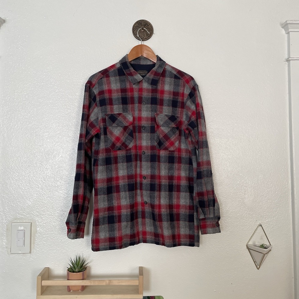Y2K Pendleton Board Shirt Large Wool Loop Collar Plaid Flannel Surf Chicano Med